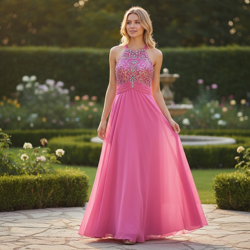 Riva Boutique Gown Women 6 Pink Beaded Halter Neck Formal Prom Maxi Dress